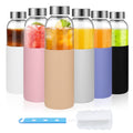 Luxfuel 18 oz Glass Water Bottles with Lids and Silicone Sleeve 6 Pack | Leak Proof Stainless Steel Lids, BPA Free, Reusable Glass Bottles for