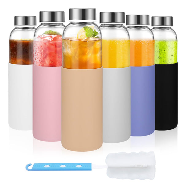 Luxfuel 18 oz Glass Water Bottles with Lids and Silicone Sleeve 6 Pack | Leak Proof Stainless Steel Lids, BPA Free, Reusable Glass Bottles for