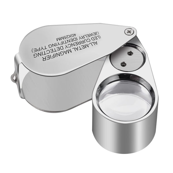 40X Full Metal Illuminated Jewelry Loop Magnifier, XYK Pocket Folding Magnifying Glass Jewelers Eye Loupe with LED(LED Currency Detecting/Jewelry