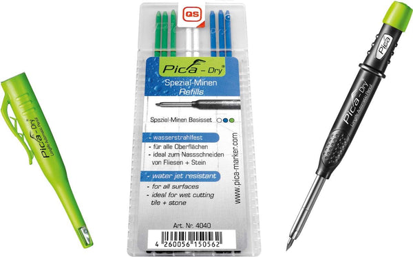 Pica 3030 + 4040 Dry Pen Including Special Lead Base Set, Carpenter'S Pencil, Green, Blue, White
