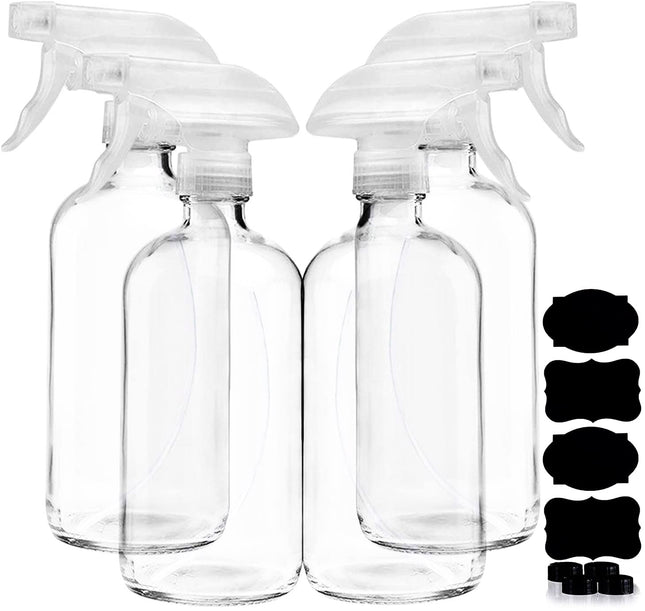 Clear Glass Spray Bottles for Cleaning Solutions (4 Pack) - 16 Ounce, Refillable