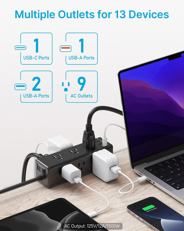 CCCEI Desk Clamp Power Strip with 9 Outlets, Desktop Edge Mount Surge Protector with USB-A and USB-C Ports, Widely Spaced Desk Outlet Fast