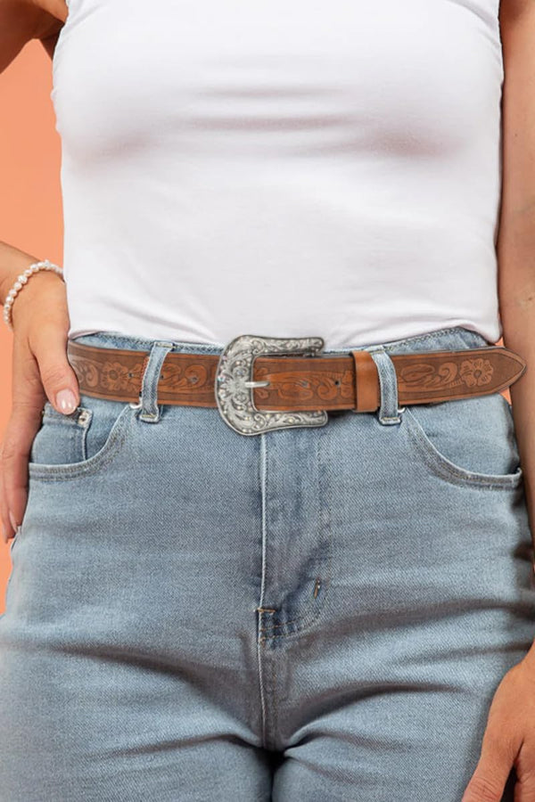 FGSS Women-Western-Leather-Belts - Vintage-Western-Cowboy Embossed-Belts with Retro-Engraved-Buckle for Jeans Pants Brown-carved Belt Fit for
