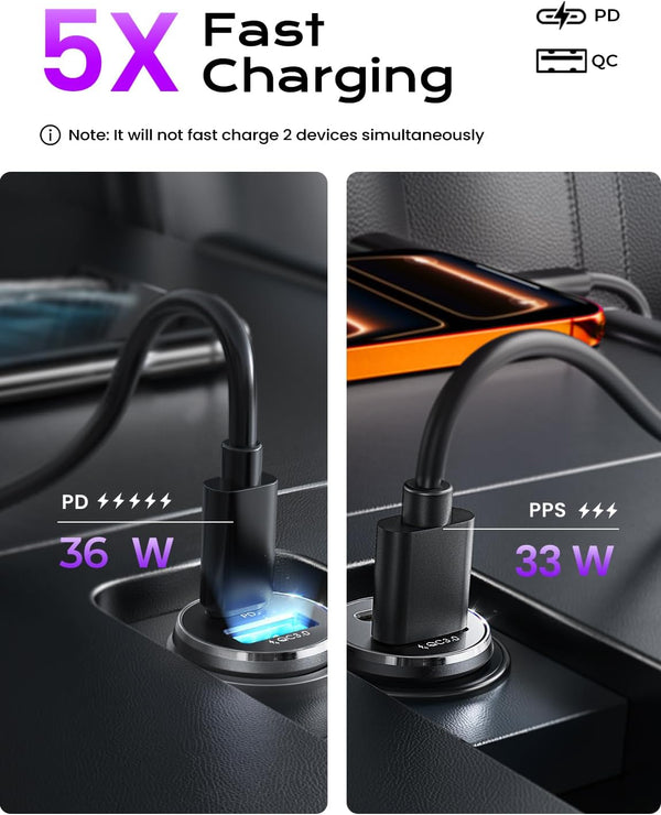 LISEN Car Charger USB C, 69W Cigarette Lighter USB Charger Adapter, Car Accessories Gifts for Men, Mini USBC Cars Fast Charging Adapter USBC Type