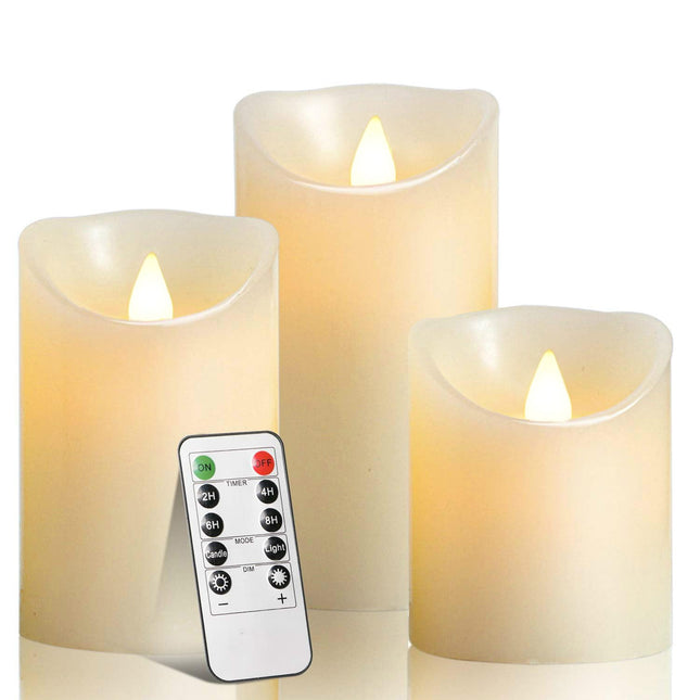 Flameless Battery Operated LED Candles With10Key Button Remote Control 24-Hour Timer Set of 3 Electric Flickering Pillar