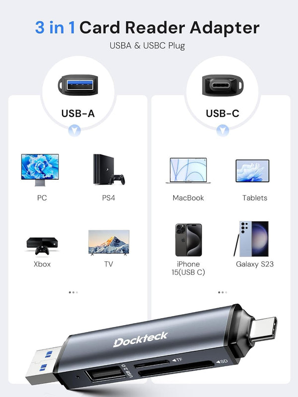 Dockteck SD Card Reader, 5G Super Speed USB3.0 SD/TF Card Reader, 3-Slot USB A/C to SD/Micro SD/USB A Memory Card Reader for UHS-I SD/Micro