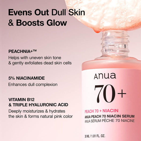 Anua Peach 70 Niacinamide Serum, Daily Glow Serum For Face, Skin Tone & Dullness Care with Vitamin B12, Lightweight, Hydrating For Glass Skin