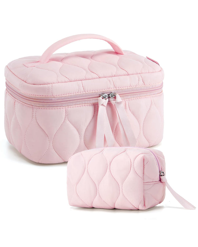 BAGSMART Travel Makeup Bag, 2-Piece Puffy Quilted Cute Make Up Bag Cosmetic Bags for Women, Large Wide-Open Toiletry Pou