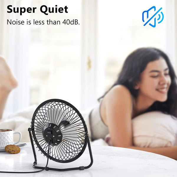 Zuvas Desk Fan Quiet Small USB Fan, Portable 4 inch Metal Fan, 2 Speed | USB Powered Electric Fan, 360° Rotation, Quiet Operation, Mechanical