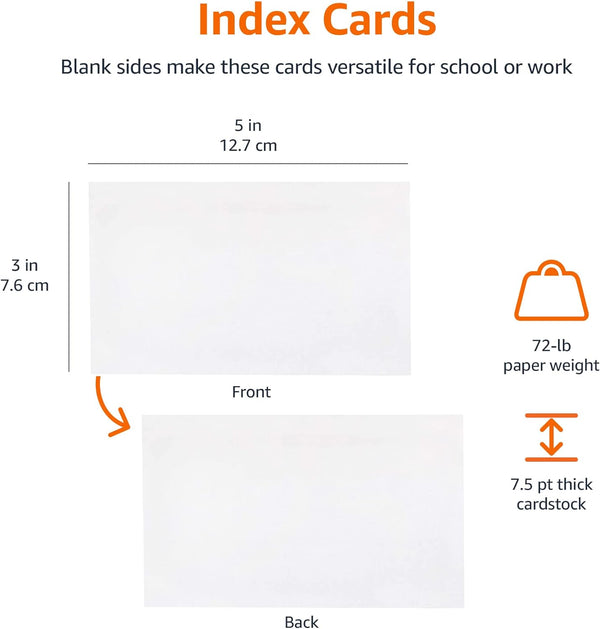 Amazon Basics Blank Index Cards for Studying and Note Taking, White, 3" x 5", 1000 Count (10 Pack of 100), 7.5 pt. Paper Weight 100 Count (Pack of