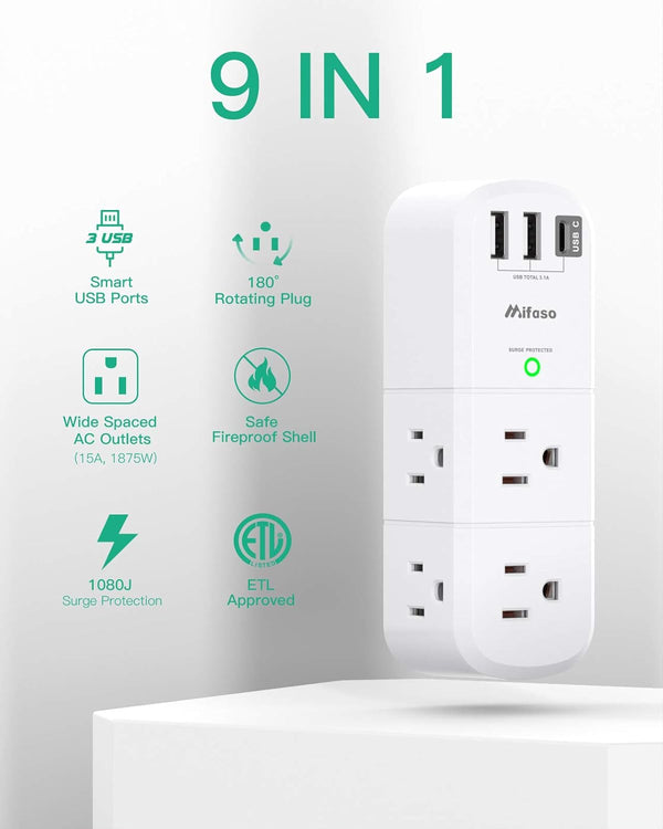 USB Outlet Extender Surge Protector - Mifaso Rotating Plug, 6 AC Multi Plug and 3 USB Ports (1 C), 1800 Joules, 3-Sided Swivel Power Strip Spaced