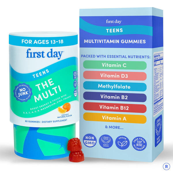 FIRST DAY Vitamins for Teens - Teen Multi Vitamins for Girls & Boys 12-17, Organic Fruit & Veggie Blend - 12 Key Nutrients: Vitamins A, B1, B2,