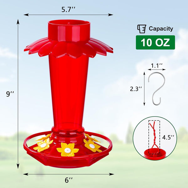 Fchstaer Plastic Hummingbird Feeders for Outdoors Hanging, 2 Pack 10 OZ Red Humming Bird Feeder with 6 Feeding Ports and Perch, Built-in Ant Moat,