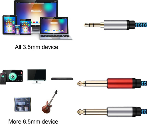 1/8 to 1/4 Stereo Cable, Nylon Braided 3.5mm to 1/4 Cable & Adapter Cord, TRS to Dual 6.35mm TS Unbalanced Breakout Wire for Laptop, Mixer, Amp -