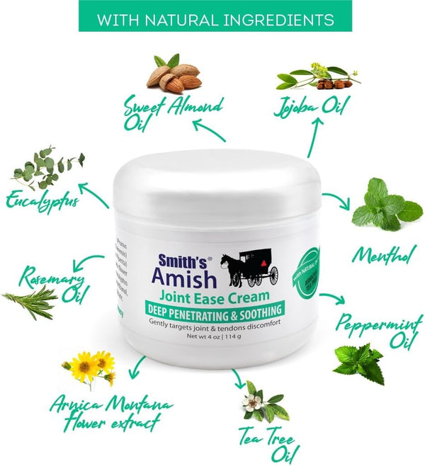 Smith's Amish Joint Ease Cream - Soothing Cooling Formula - 4 oz Jar | For Joint Discomfort, Stiffness & Muscle Tension - Arnica, Peppermint, Tea