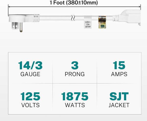 FIRMERST 1875W Low Profile Flat Plug 1Ft Extension Cord 14AWG 15A White 1 White
