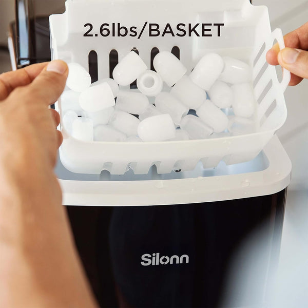 Silonn Ice Maker Countertop, 9 Cubes Ready in 6 Mins, 26lbs in 24Hrs, Self-Cleaning Ice Machine with Ice Scoop and Basket, 2 Sizes of Bullet Ice
