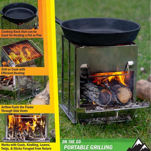 Camping Stove - Stainless-Steel Wood Burning Rocket Stove - Portable Grill for B