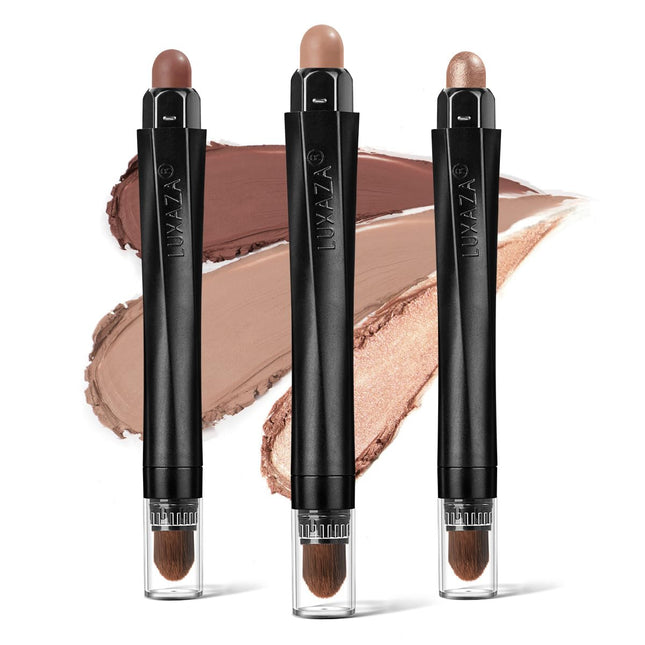 3Pcs Neutral Brown Eyeshadow Stick Set, Matte and Shimmer Creamy Eyeshadow Pencil, Shiny Pink Shadow, Waterproof Long La