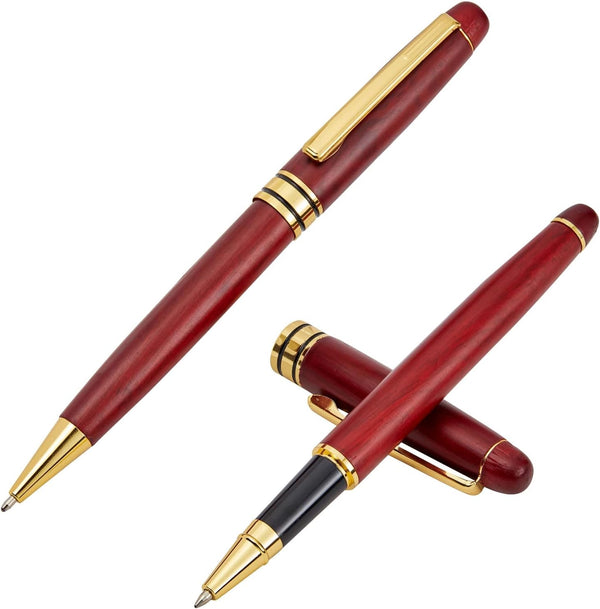 Juvale 2 Pack Luxury Rosewood Pen Sets for Men Gift - Fancy Nice Ballpoint Pens with Black Ink Refills for Signature Executives Business Office