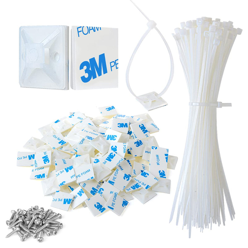 3/4" Strong Back-Glue Self Adhesive White Cable Zip Tie Mounts 100pcs with 8" Ties, Screws, Outdoor Sticky Wire Fasteners Cable Clips Management