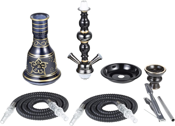 20" Hookah set - 2 Hose Premium Shisha Hookah Kit with Glass Vase, Ceramic Bowl and Coal Tongs Ashtray for Better Shisha Narguile Smoking (Black)
