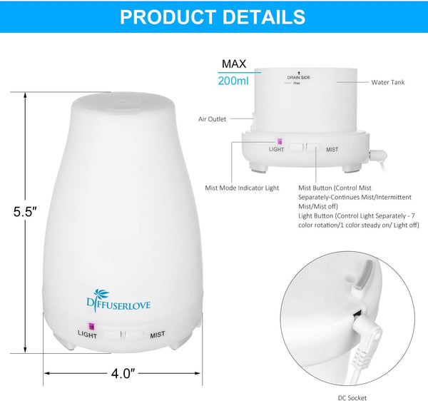 Diffuserlove Essential Oil Diffusers 200ML Remote Control Ultrasonic Mist Humidifiers Bpa-Free Aromatherapy Diffuser with 7 Color Lights, Auto