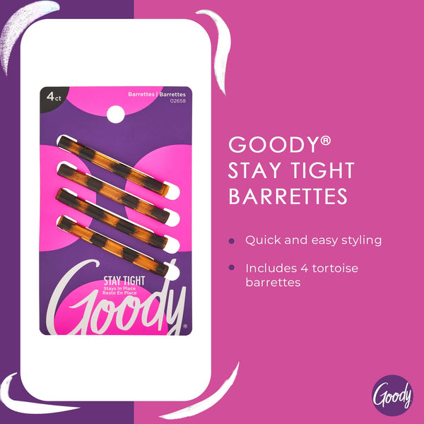 Goody Stay Tight Hair Barrettes, 4 Ct, Mock Tort, SlideProof Flat Clips, Comfortable & Versatile Styling Accessories for Women, Men, Boys & Girls,