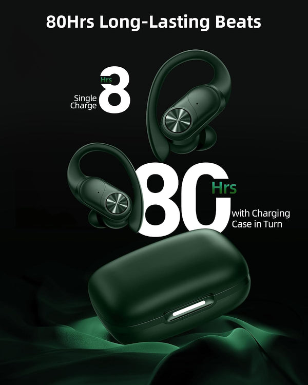 Pocbuds Bluetooth Headphones Wireless Earbuds 80Hrs Playtime Wireless Charging Case Digital Display Sports Ear Buds with Earhook Deep Bass IPX7