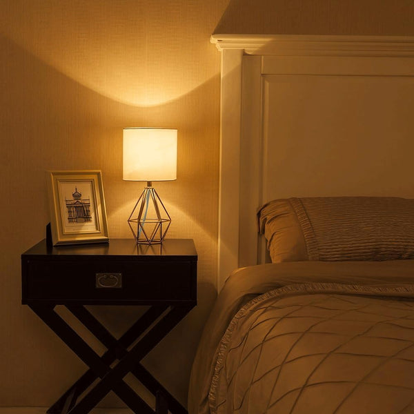 Gold Modern Hollow Out Base Bedroom Small Table Lamp,Bedside Nightstand Lamp with Geometric Metal Base White Fabric Shade,Cute Desk Lamp for Kids