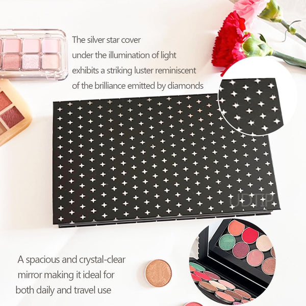 Double Layer Book Shape Empty Magnetic Eyeshadow Makeup Palette with Mirror and 20Pcs Adhesive Stickers, Sliver Stars Cover, Fits Standard and