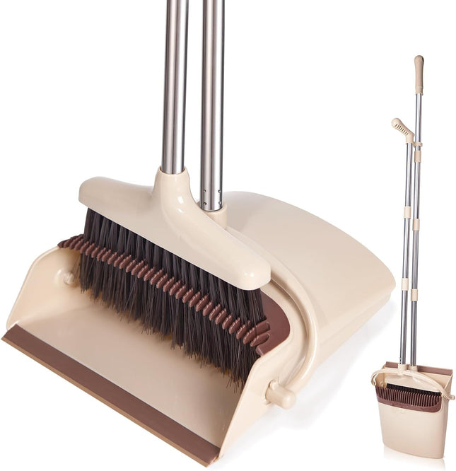 Broom and Dustpan Set with Long Handle, Light Weight Stainless Steel Poles Stand