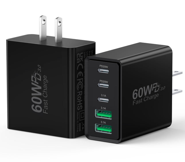 [2‑Pack] 60W 5‑Port Multiport USB‑C Wall Charger, PD3.0 Fast Charging Block Blac