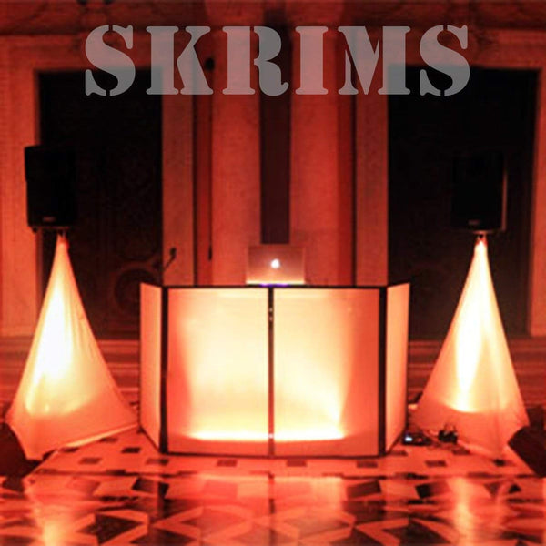 SKRIMS Super Flexible Speaker Stand Cover - Four Way Stretch White Spandex DJ Scrim - 3-Sided Tripod Skirt - 360 Degree Coverage, Cable Management