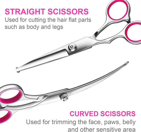 5 In1 Dog Grooming Scissors Kit, Professional Dog Scissors for Grooming with Safety round Tips, Titanium Coated Grooming Shears for Dogs Cat Pet