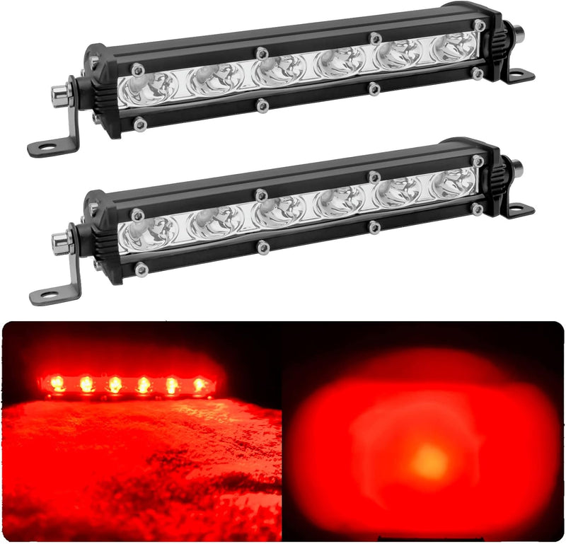 7-inch Red Single Row Off-Road Led Light Bar Pods, Work Driving Fog Lights | 18W/pcs, 36W/Pair, 12V 24V, Ultra-Slim Thin, Waterproof Combo Flood