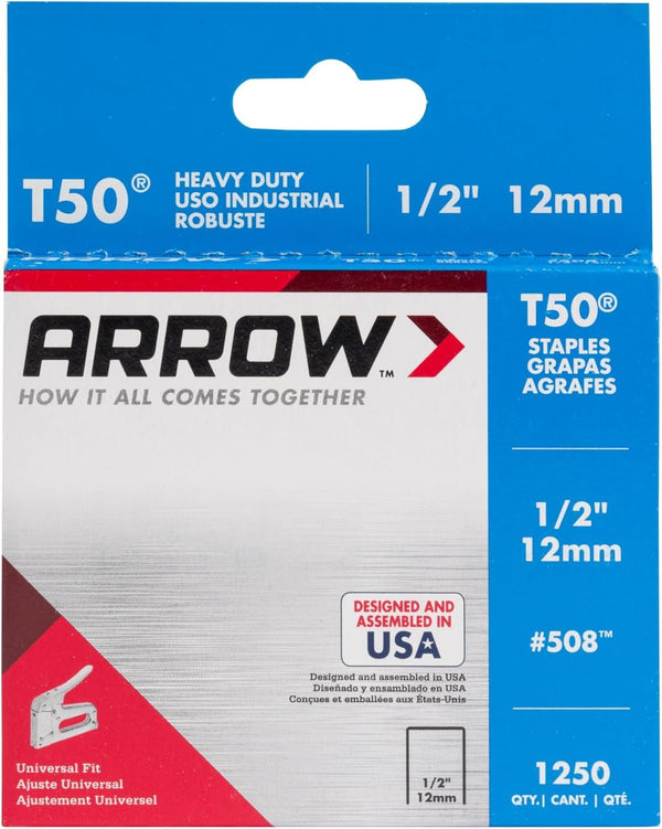 Arrow 508 Heavy Duty T50 1/2-Inch Leg Length, 3/8-Inch Crown, Staples for Upholstery, Construction, Furniture, Crafts, 1250 Count(Pack of 1) |
