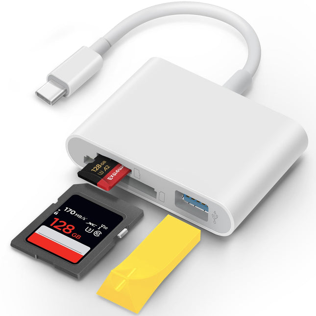USB C SD Card Reader for Iphone 15 16 Ipad Mac 3 in 1 USB-C Memory Trail Camera Card Adapter with Dual Slots & USB Port 