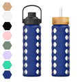 MUKOKO 24Oz Glass Water Bottle with 2 Lids-Handle Flip Lid&Bamboo Straw Lid,Motivational Water Tumbler with Time Marker Reminder and Silicone