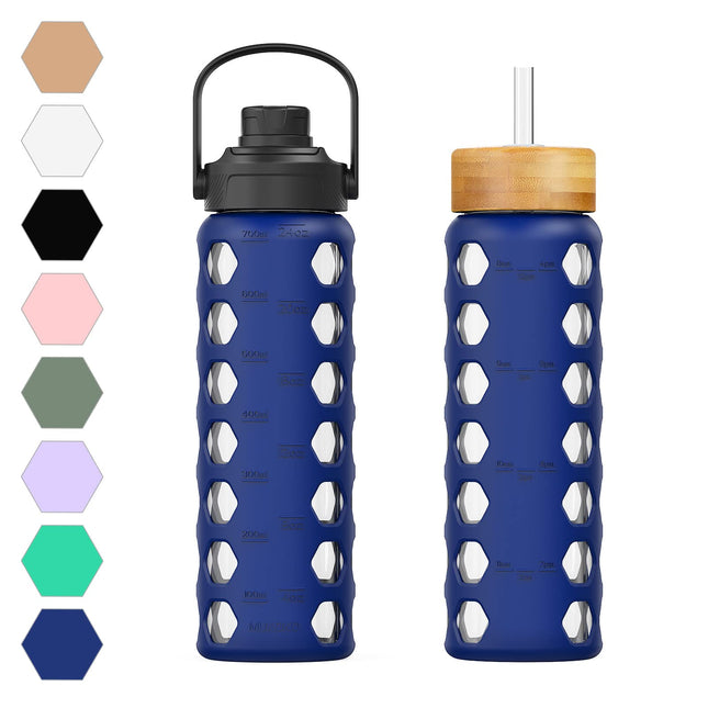 MUKOKO 24Oz Glass Water Bottle with 2 Lids-Handle Flip Lid&Bamboo Straw Lid,Moti