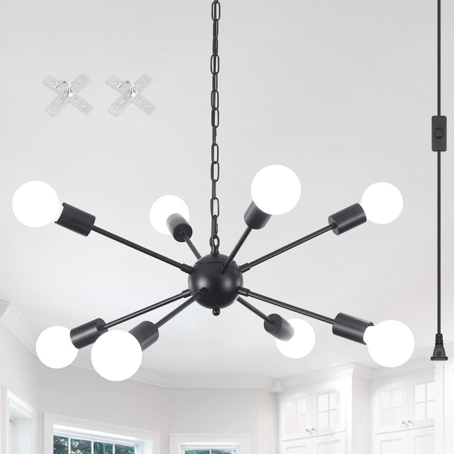 8 Lights Plug in Chandelier Sputnik Ceiling Light Fixture Black Hanging Lights with Plug in Cord 16.4ft Sputnik Chandeli