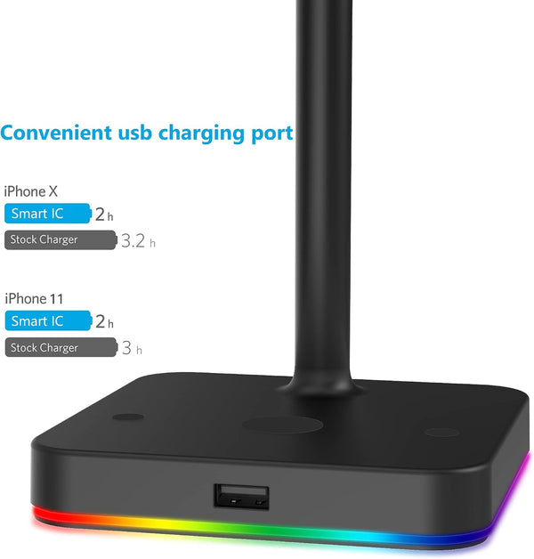KAFRI RGB Headphone Stand with Wireless Charger Desk Gaming Headset Holder Hanger Rack with 10W/7.5W QI Charging Pad and QC 3.0 USB Port -
