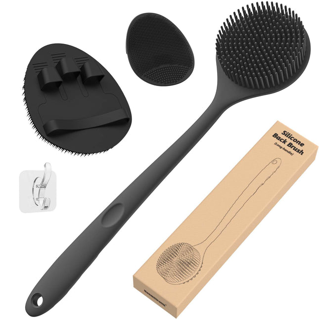 Manmihealth Silicone Back Scrubber (Thin Bristles) & Bath Glove & Face Brush Set