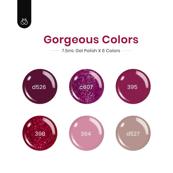 beetles Burgundy Gel Polish Set - Berry Merlot 6 Colors Plum Gel Polish, Cherry Mocha Red Glitter Dark Purple Wine Nails Color, U V LED Soak Off