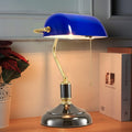 Traditional Bankers Lamp, Handmade Emerald Blue Glass Shade,with Pull Chain Switch Plug in Fixture,Vintage Office Table Light, Antique Style Desk