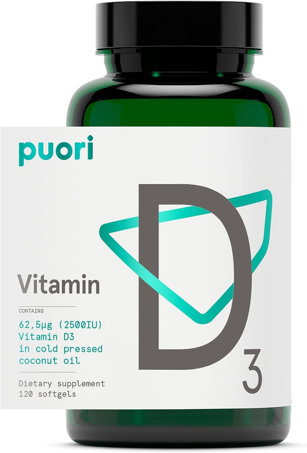 Puori Vitamin D3 with Organic Coconut Oil - 120 X 2500 IU - for Healthy Muscle Function, Bone Health, Immune Support and Calcium Uptake- Non-Gmo