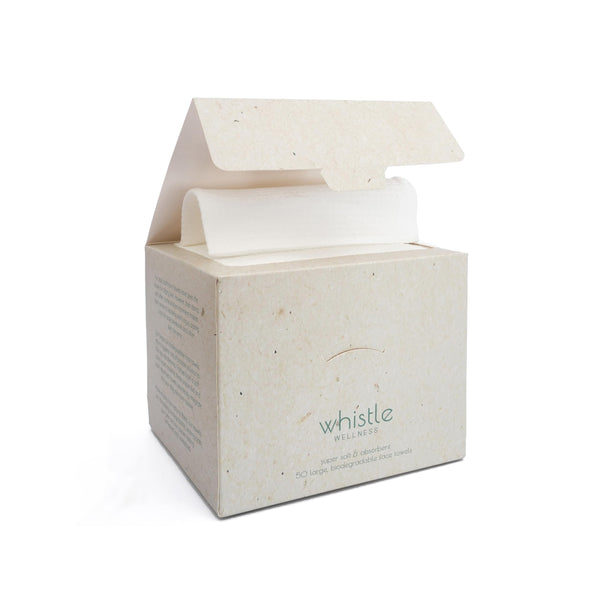 Whistle Wellness™ Disposable Face Towel 10"×12", Resealable Box, Biobased Plant Based Ultra Soft, Thickness Face Towelettes XL, Makeup Remover Dry