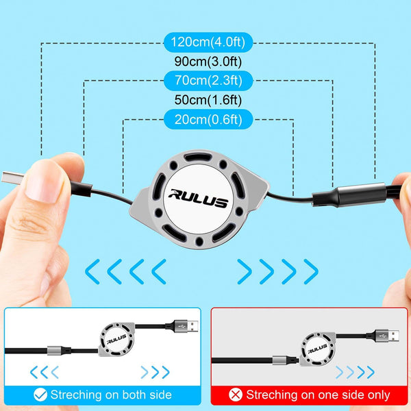 RULUS Retractable Charger 3 in 1 [2Pack,4Ft], Retractable Charging Cable Universal Charger Cable with Lightning/Type C/Micro USB for