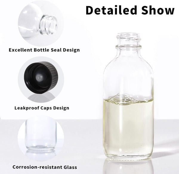8 Pack, 2 Oz Small Clear Glass Bottles with Lid and Funnels - 60Ml Boston Shot Bottles with Caps, Immunity, Potion, Wellness, Sample, Ginger,
