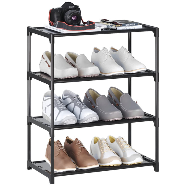 4-Tier Small Shoe Rack .Stackable Shoe Shelf Storage Organizer for Entryway Hallway Closet Bathroom Living Room (Black)